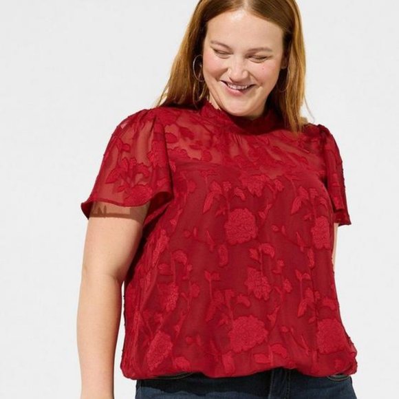 torrid Tops - Torrid Chiffon Clip Floral Bubble Hem Flutter Sleeve Top Red